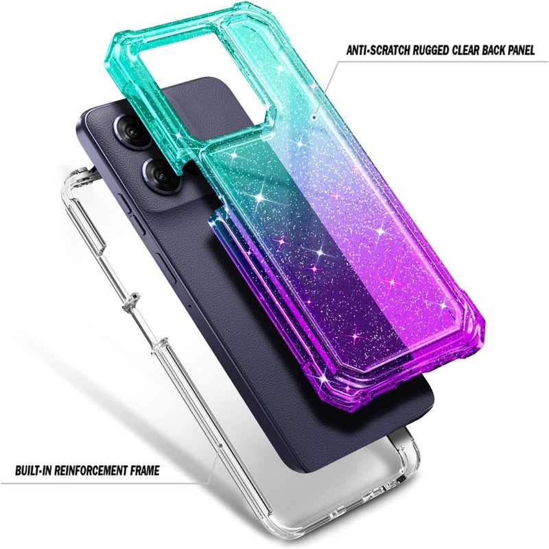 WDHD Compatible with Motorola Moto G-Power-2025 Case Glitter Aqua/Purple | Full-Body Protective Shockproof Bumper Phone Cover with Tempered Glass Screen Protector, 12FT Military Grade Drop Tested - Image 4